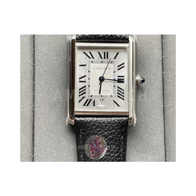 CARTIER 까르띠에 탱크 머스트 오토 스틸 시계 XL 블랙 레더 스트랩