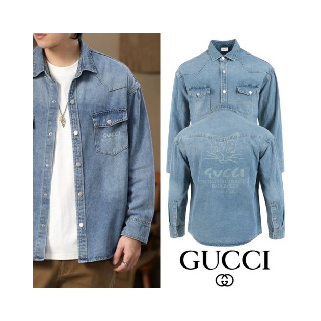 GUCCI 구찌 캣프린팅 워싱 데님 셔츠