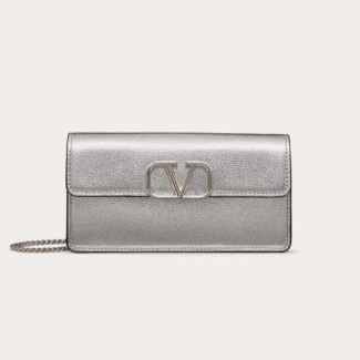 VALENTINO 발렌티노 브이로고 시그니처 메탈릭 그레인 카프스킨 체인 지갑