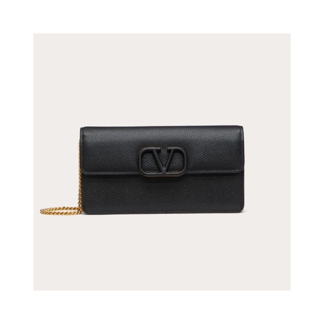 VALENTINO 발렌티노 브이로고 시그니처 메탈릭 그레인 카프스킨 체인 지갑 4COLOR