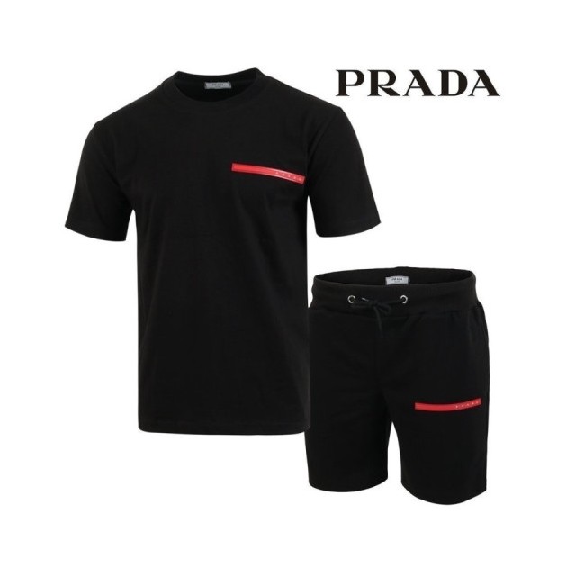 PRADA 프라다 레드 로고 패치 반팔 & 반바지 셋트