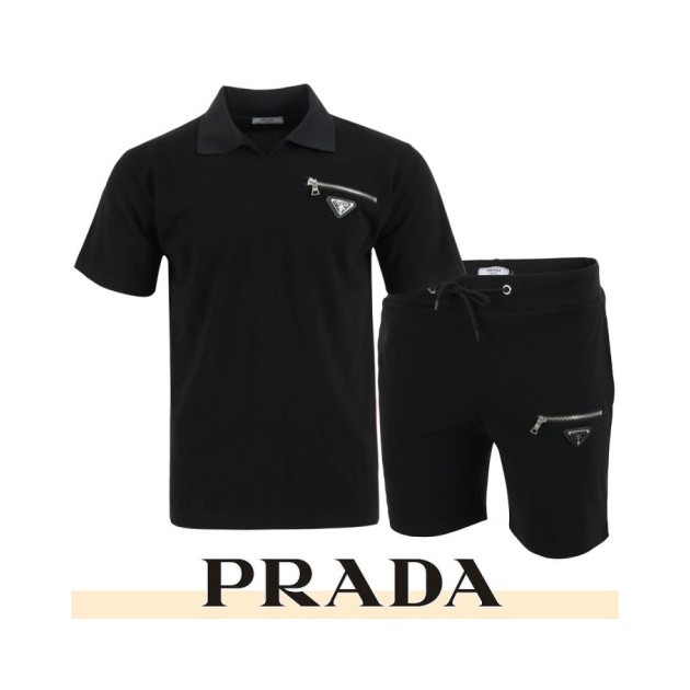 PRADA 프라다 오픈카라 지퍼포켓 반팔 & 반바지 세트