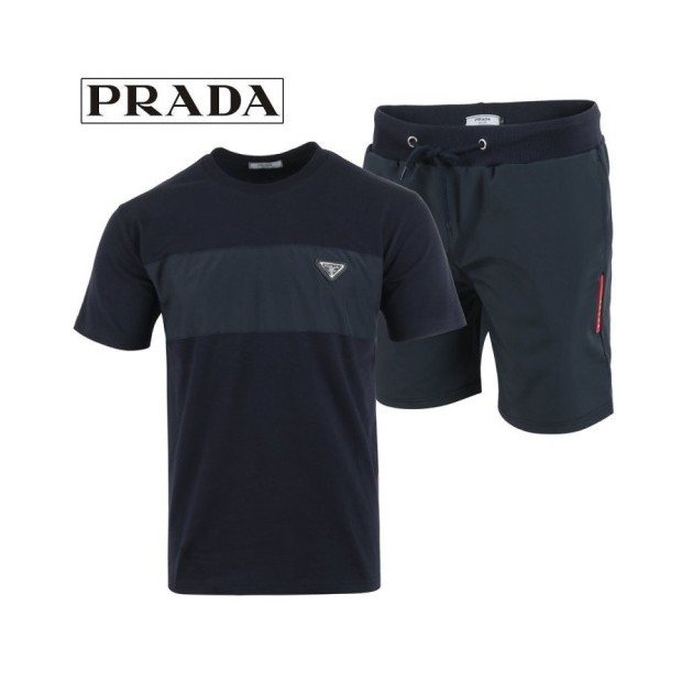 PRADA 프라다 배색 로고 패치 반팔 & 우븐 반바지 세트