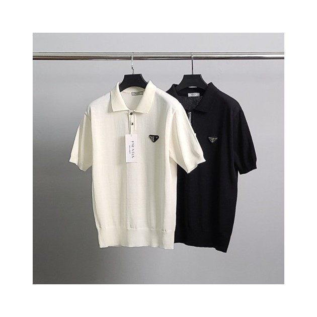 PRADA 프라다 로고와펜 린넨 반팔 카라 니트
