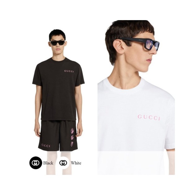 GUCCI 구찌 핑크 로고 프린트 티셔츠