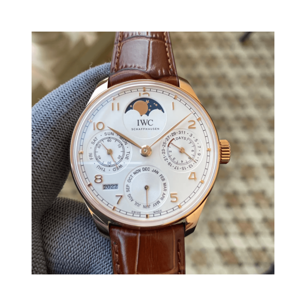 IWC 아이더블유씨 포르투기저 퍼페츄얼 캘린더 문페이즈 로즈골드 화이트 다이얼 레더 스트랩 44.2mm IW503302
