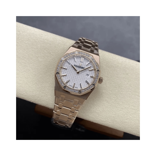 AUDEMARS PIGUET 오데마피게 레이디 로얄오크 화이트 다이얼 다이아베젤 로즈골드 금통 33mm 여성용 67651