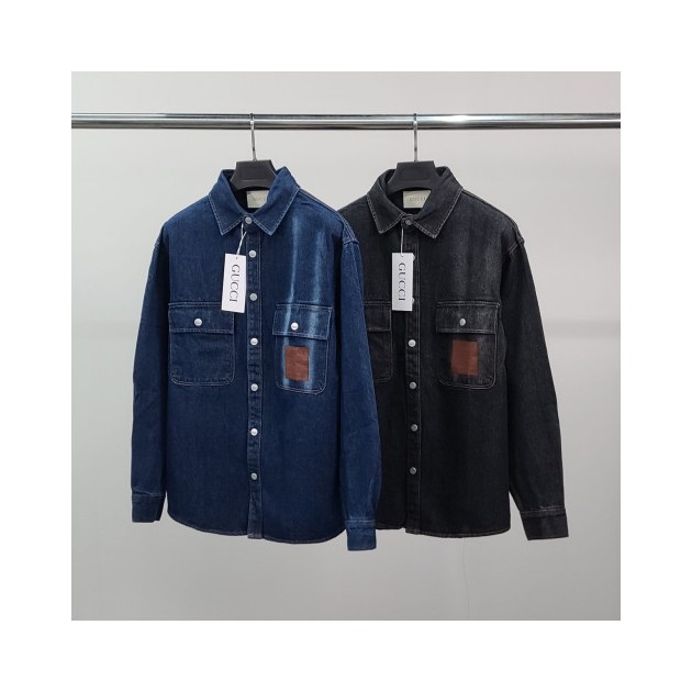 GUCCI 구찌 레더패치 데님 셔츠