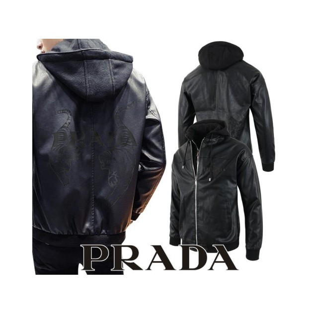 PRADA 프라다 타이거 로고 후드 레더 집업